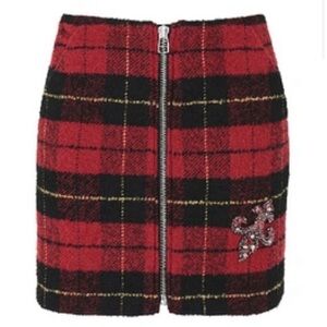 The Kooples Holiday Red Plaid Embellished Wool Blend Skirt